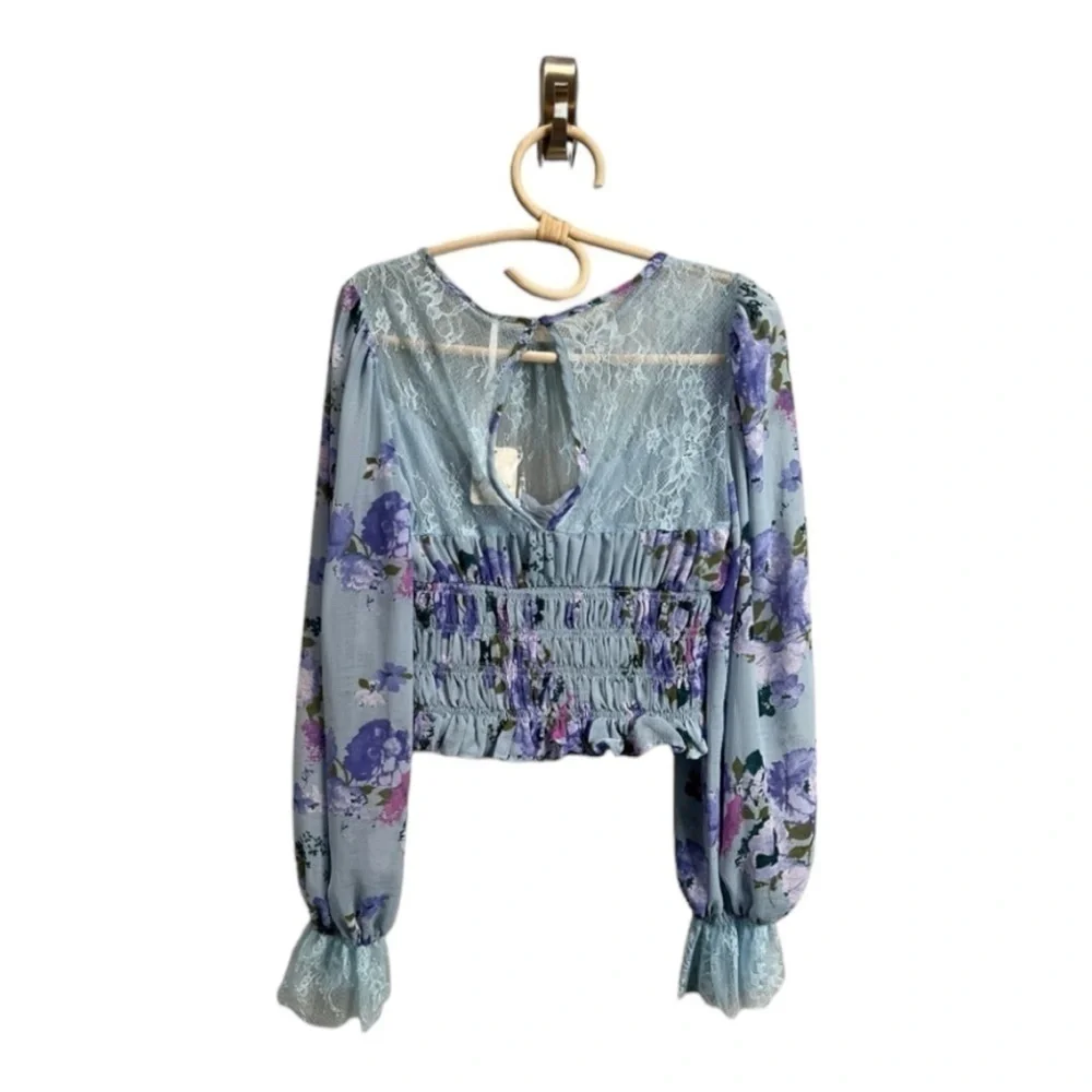 Free People Daphne Smocked Waist Cropped Smocked Waist Dusty Blue Floral Top S